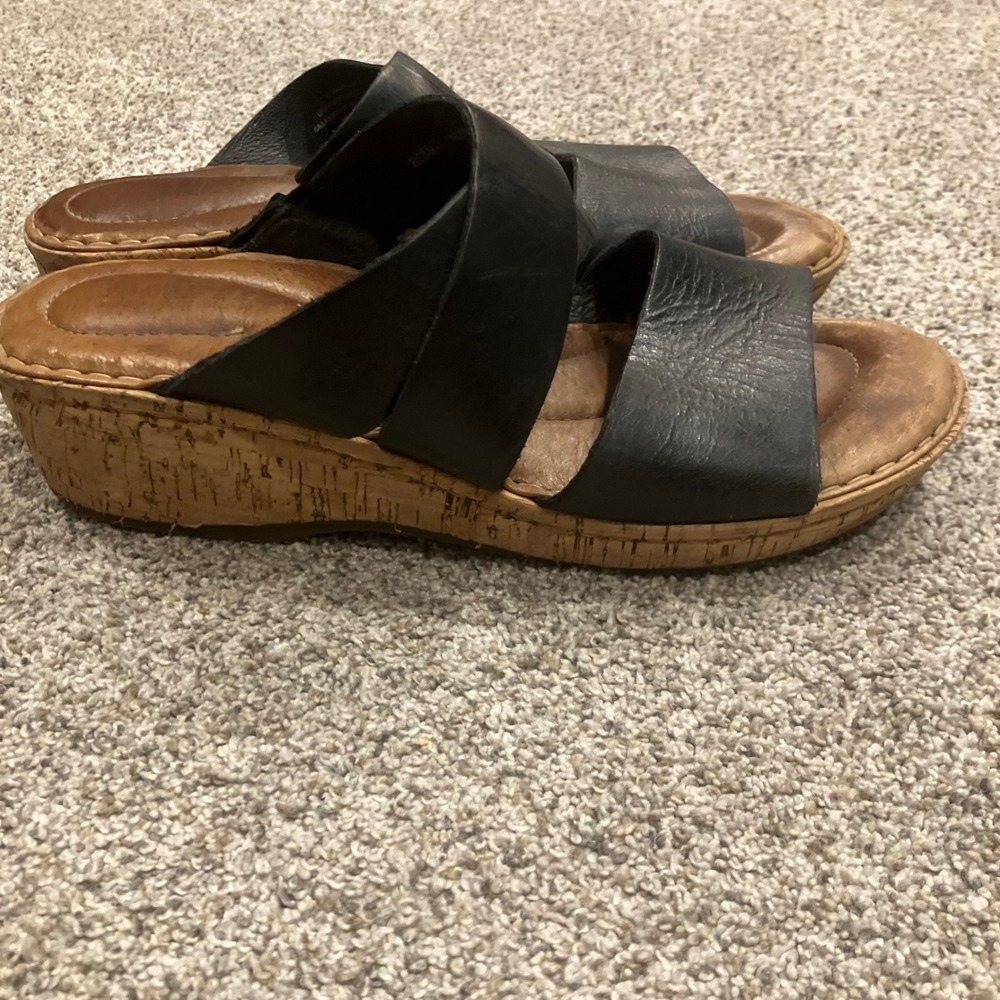Born Milo Black Leather Cork Wedge Slide Sandals Womens 8 39 Comort Boho Earthy